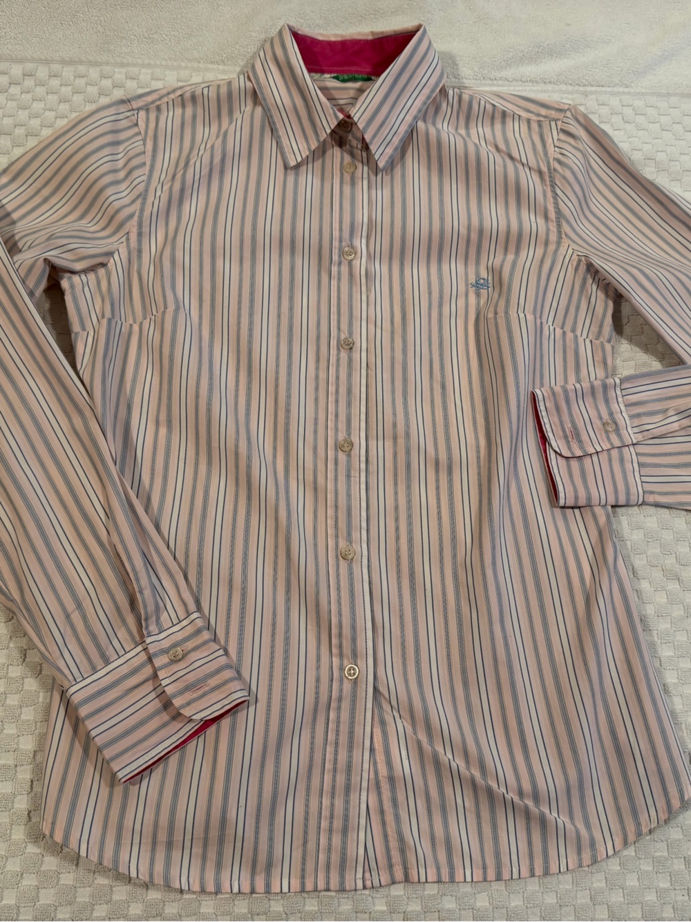 United Colors Of Benetton Women's Pink and Blue Striped Button-Down Shirt